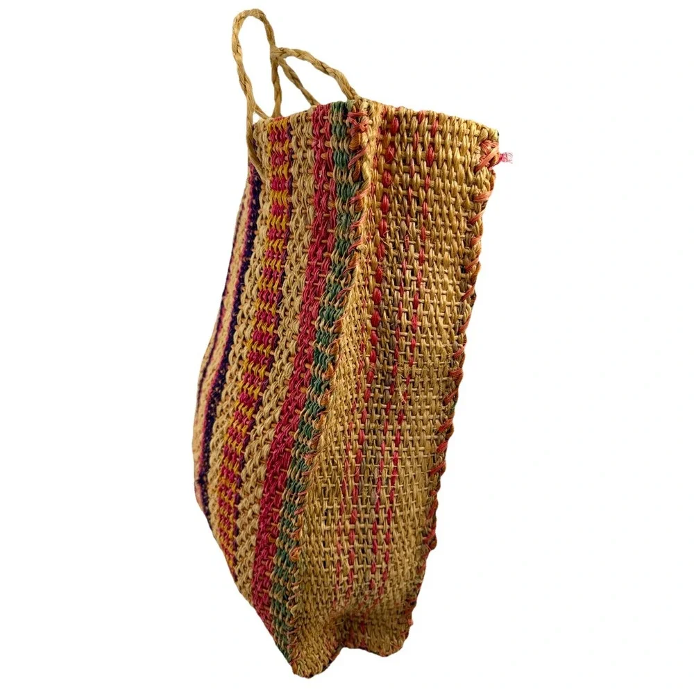 Handwoven Natural Fiber Tote Bag Multicolor Boho Market Shopper X Large EUC‎